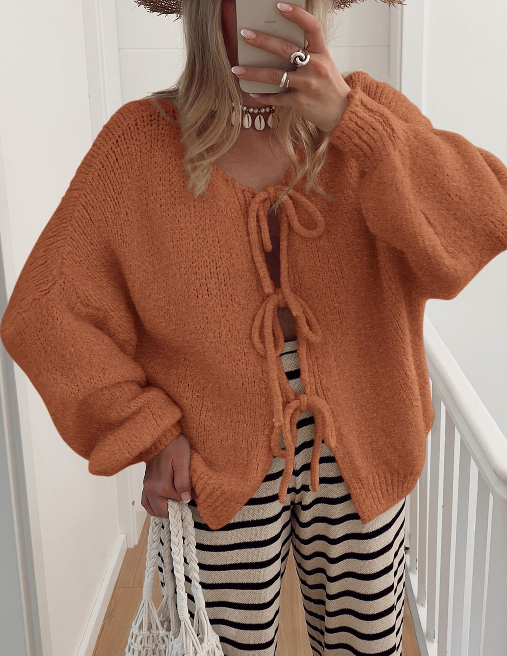 PRETTYGARDEN Women's Tie Front Bow Cardigan Sweaters Chunky Knit Long Puff Sleeve Trendy Fall Winter Jacket Coat