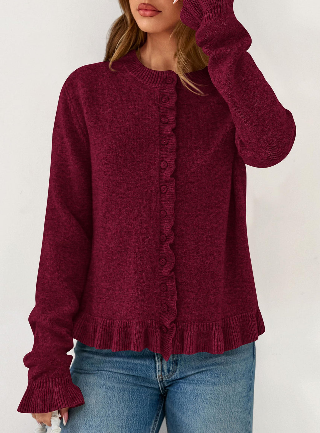 PRETTYGARDEN Womens Fall Button Down Cardigans Chunky Knit Ruffle Open Front Cropped Cardigan Sweaters Soft Long Sleeve Tops