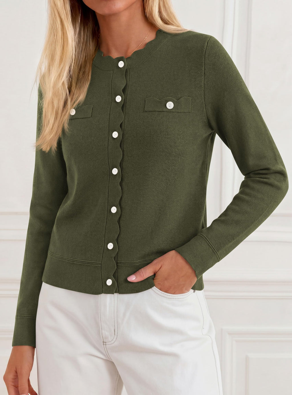 PRETTYGARDEN Cardigan Sweaters for Women Scalloped Button Up Fall Outfits Soft Knit Long Sleeve Knit Tops,Crew Neck,Business Casual Outfits,Office Work Lightweight Sweater,Layers Clothes