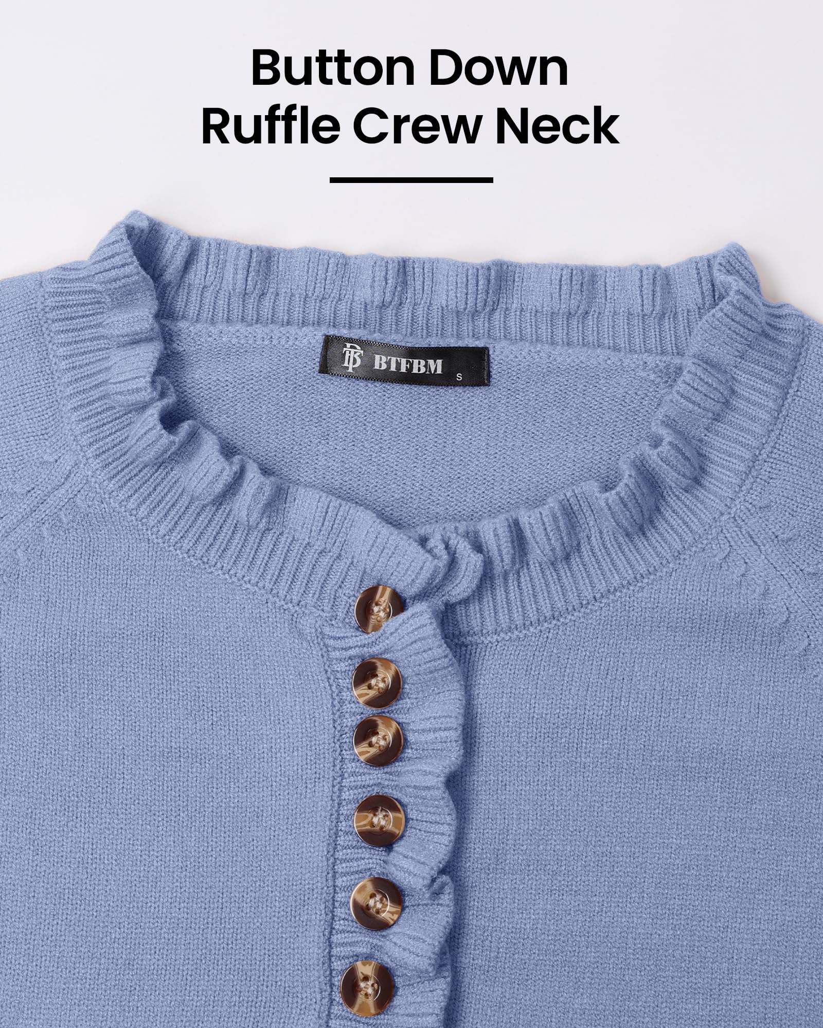 FreshPretty Womens Sweaters Fall Winter Clothes Long Sleeve Button Down Ruffle Crew Neck Casual Knitted Pullover Tops