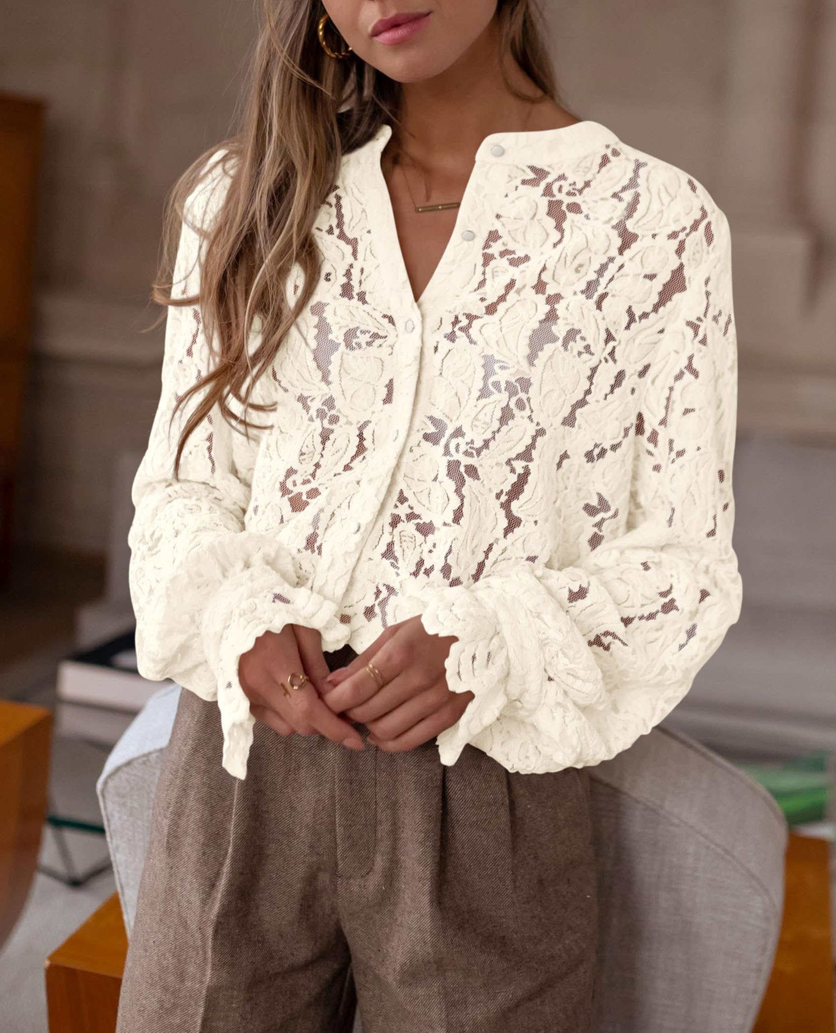 PRETTYGARDEN Women's Dressy Casual Lace Blouse Long Sleeve Button Up Shirts Tops Spring Fall Fashion Clothes