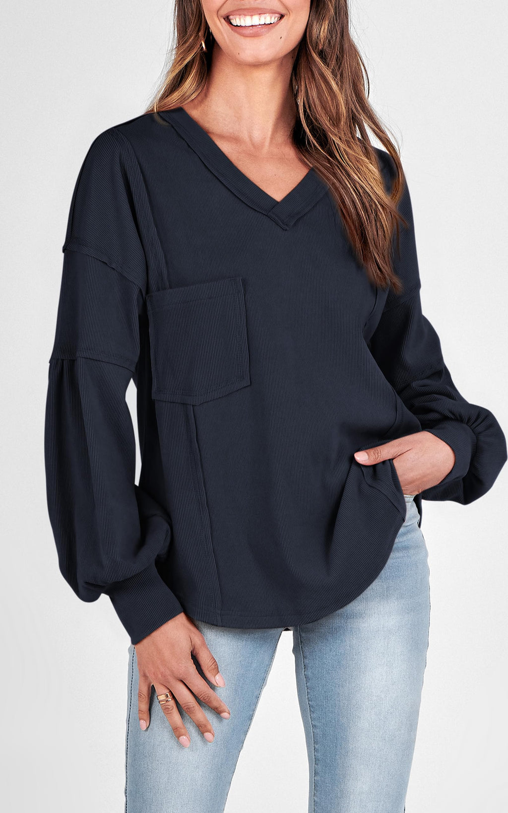 FreshPretty Womens Fall Fashion Long Sleeve Shirts Casual V Neck Ribbed Knit Blouses Pullover Trendy Loose Fit Tunic Tops