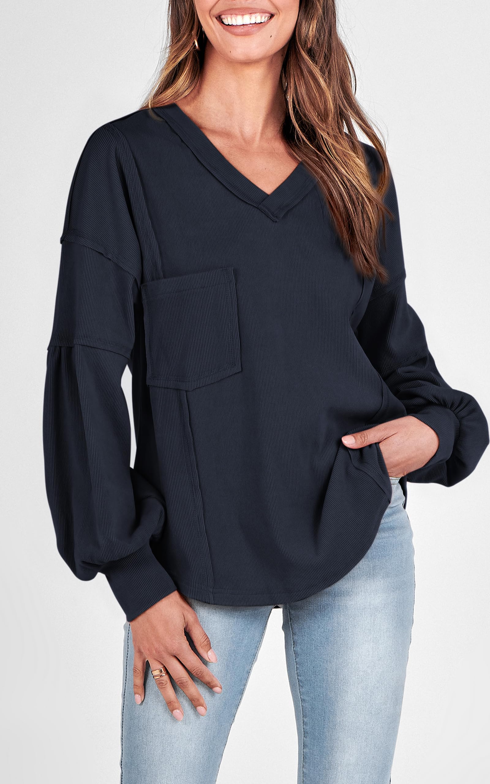 FreshPretty Womens Fall Fashion Long Sleeve Shirts Casual V Neck Ribbed Knit Blouses Pullover Trendy Loose Fit Tunic Tops