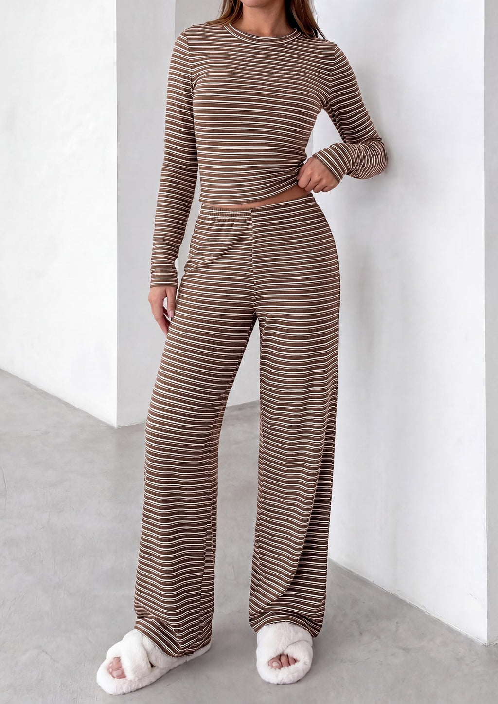 PRETTYGARDEN Women 2 Piece Striped Lounge Sets Soft Cozy Knit, Matching Airport Travel Outfits, Long Sleeve Shirts, Wide Leg Pants Pockets, Fall Winter Comfy Casual Clothes