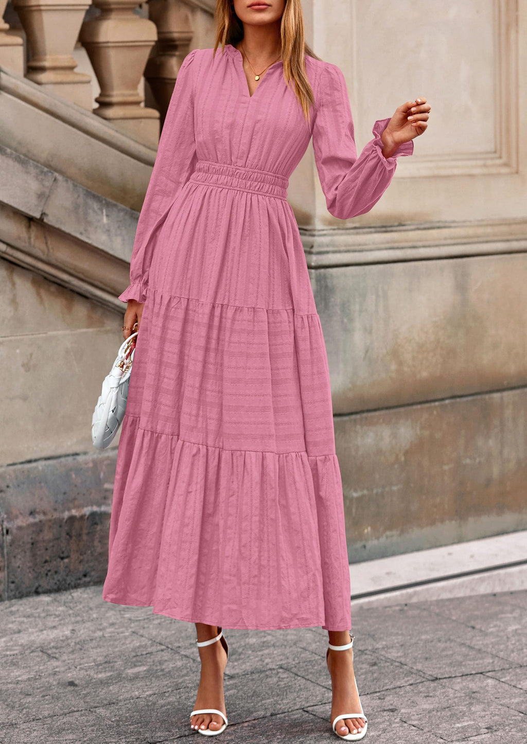 PRETTYGARDEN Women's Fall Wedding Guest Dresses Long Sleeve V Neck Flowy Elegant Holiday Party Maxi Dress with Pockets