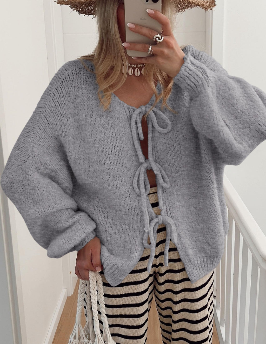 PRETTYGARDEN Women's Tie Front Bow Cardigan Sweaters Chunky Knit Long Puff Sleeve Trendy Fall Winter Jacket Coat