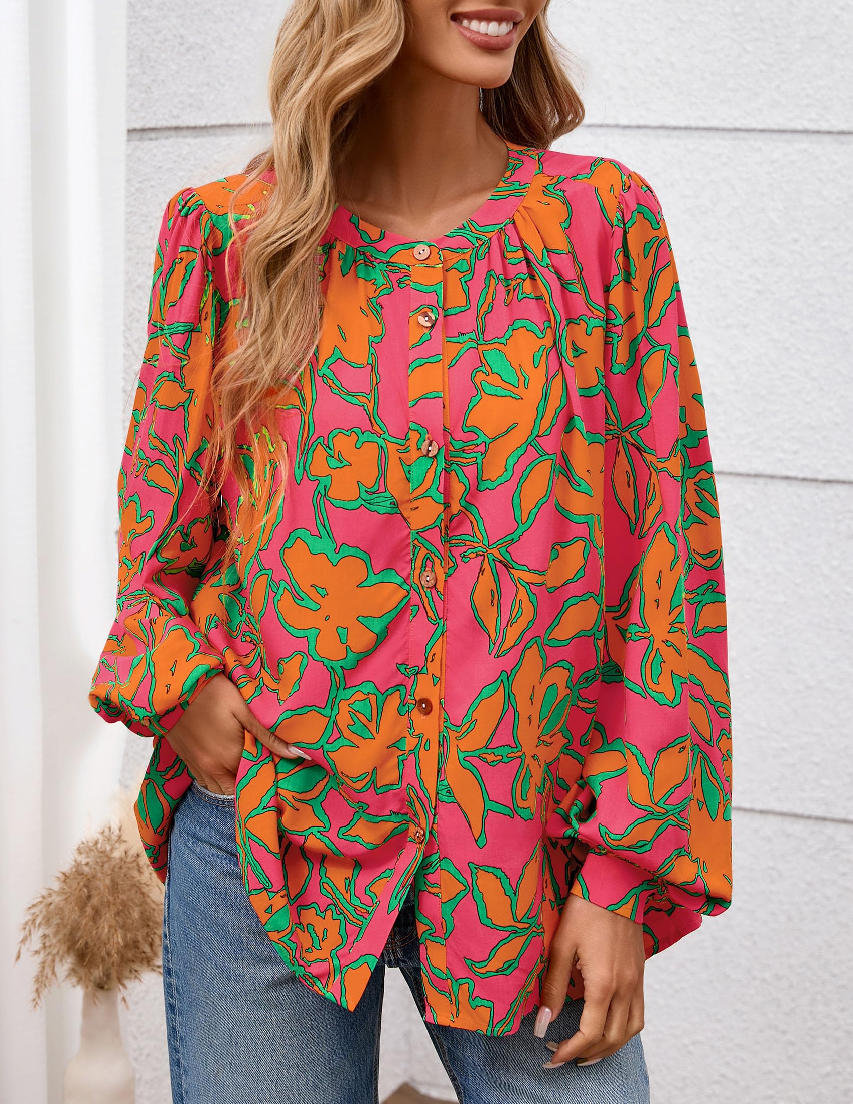 PRETTYGARDEN Women's Floral Button Down Blouse Fall Fashion Dressy Casual Long Sleeve Oversized Shirts Top Boho Clothes