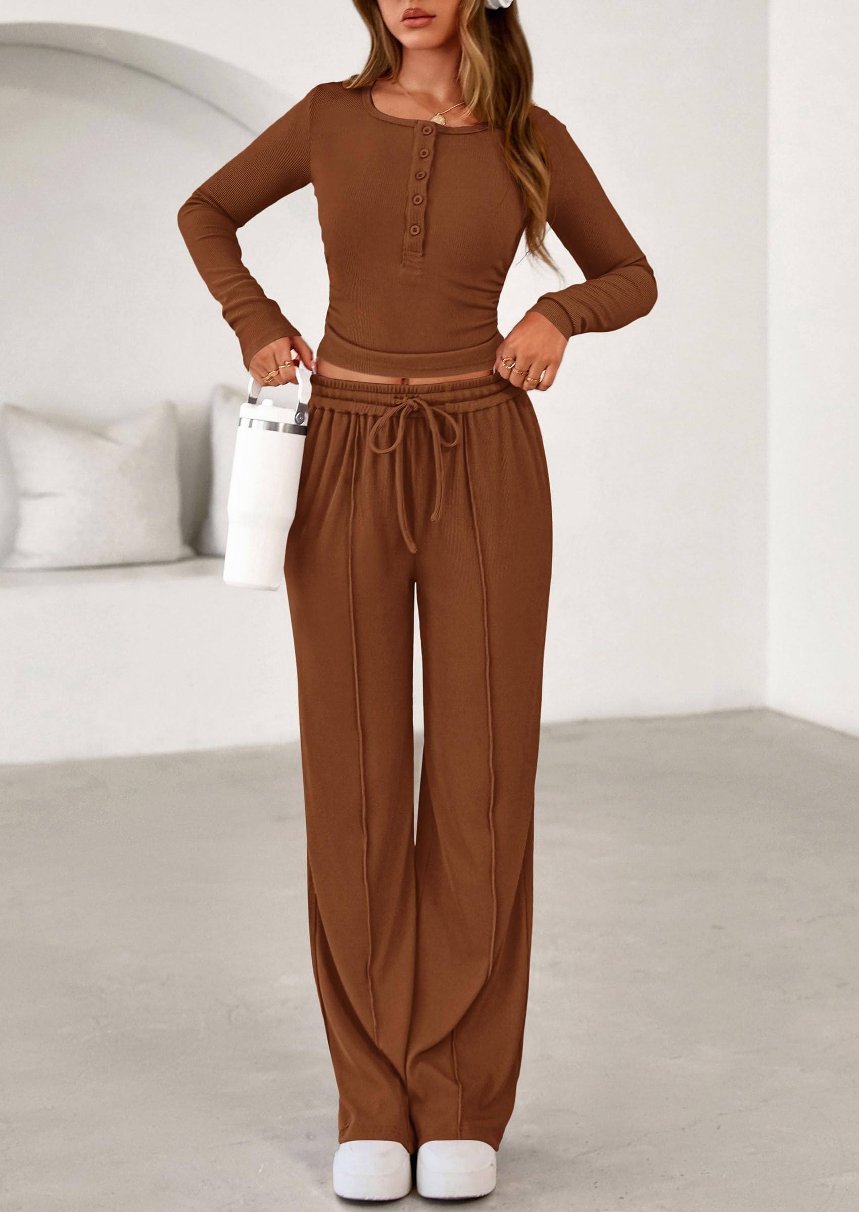 PRETTYGARDEN Women's  Fall Trendy 2 Piece Outfits Lounge Sets Long Sleeve Top Henley Shirts Wide Leg Pants Travel Clothes