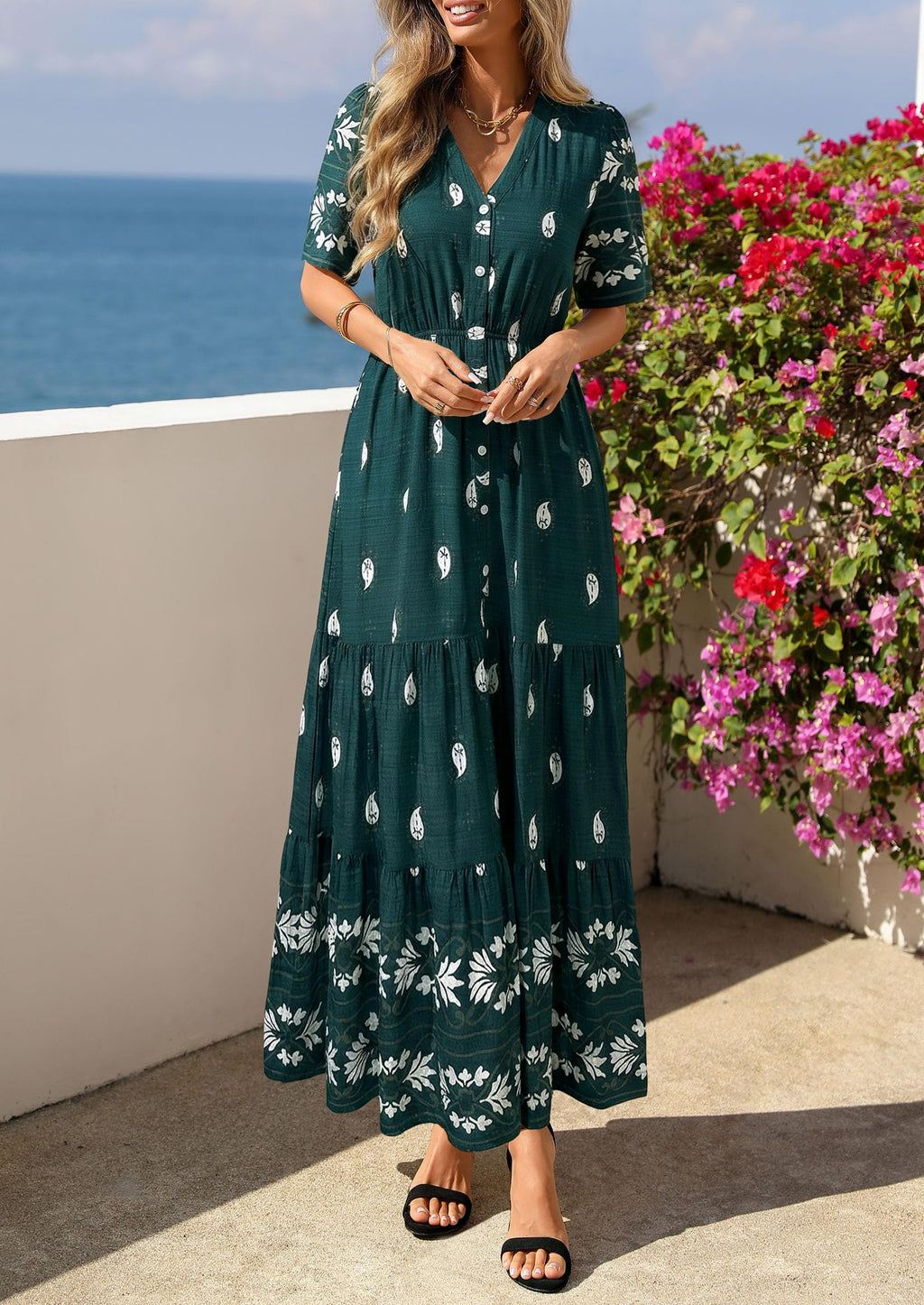 PRETTYGARDEN Womens Summer Boho Maxi Dress Trendy Short Sleeve V Neck Flowy Beach Floral Dresses with Pockets