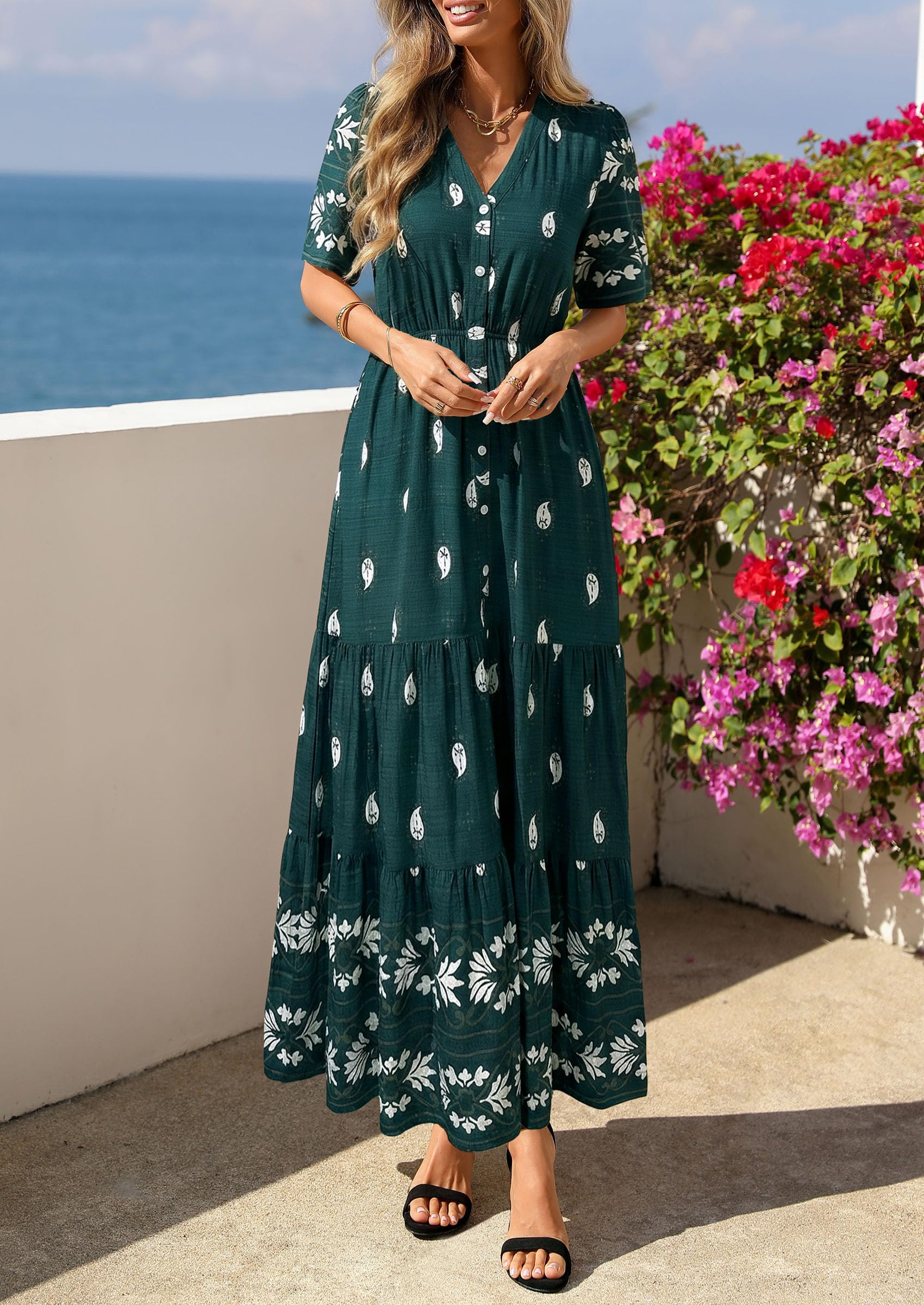 PRETTYGARDEN Womens Summer Boho Maxi Dress Trendy Short Sleeve V Neck Flowy Beach Floral Dresses with Pockets