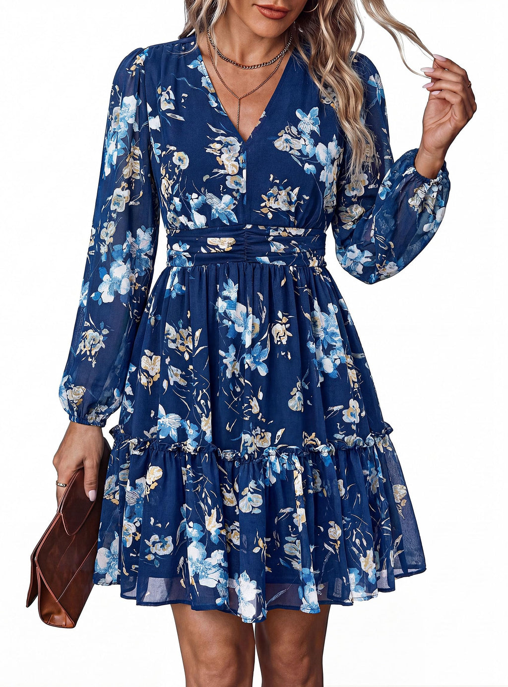 PRETTYGARDEN Women Floral Long Sleeve Mini Dress | Fall Wedding Guest Dresses, V Neck, Fit & Flare, Ruffle Hem A-Line, Short Chiffon Dress, Elegant Holiday Party, Date Outfits