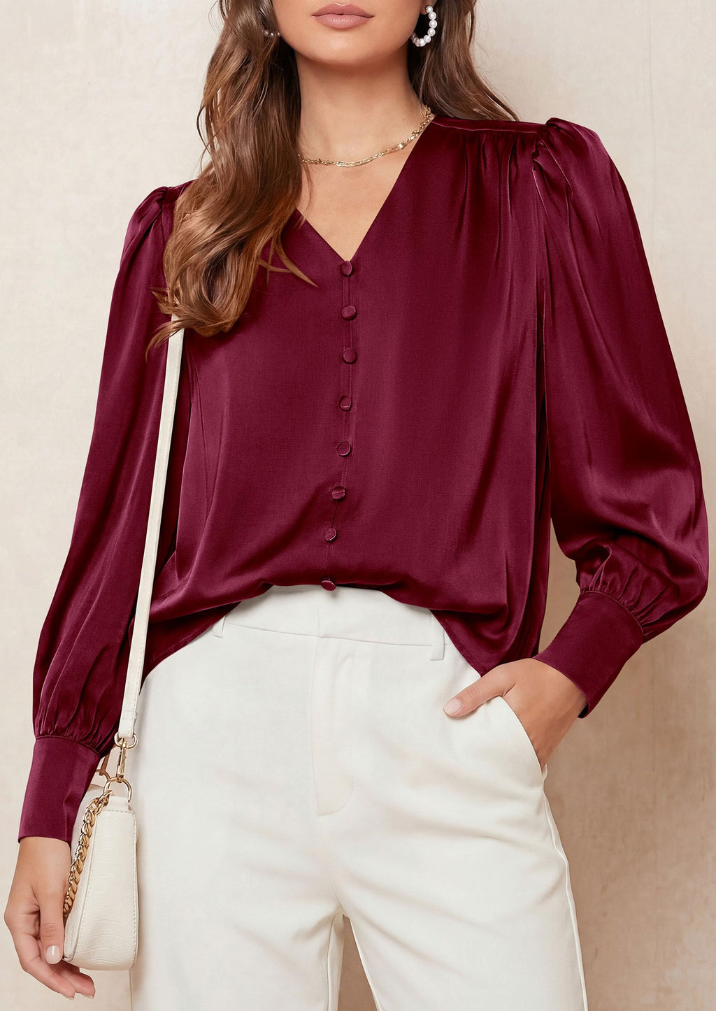 PRETTYGARDEN Satin Long Sleeve Womens Blouses Dressy Casual | Glossy Smooth Silk Fabric,Lantern Sleeve Fall Tops,Decorative Button Pullover,V Neck Shirts,Office Work Business Outfits