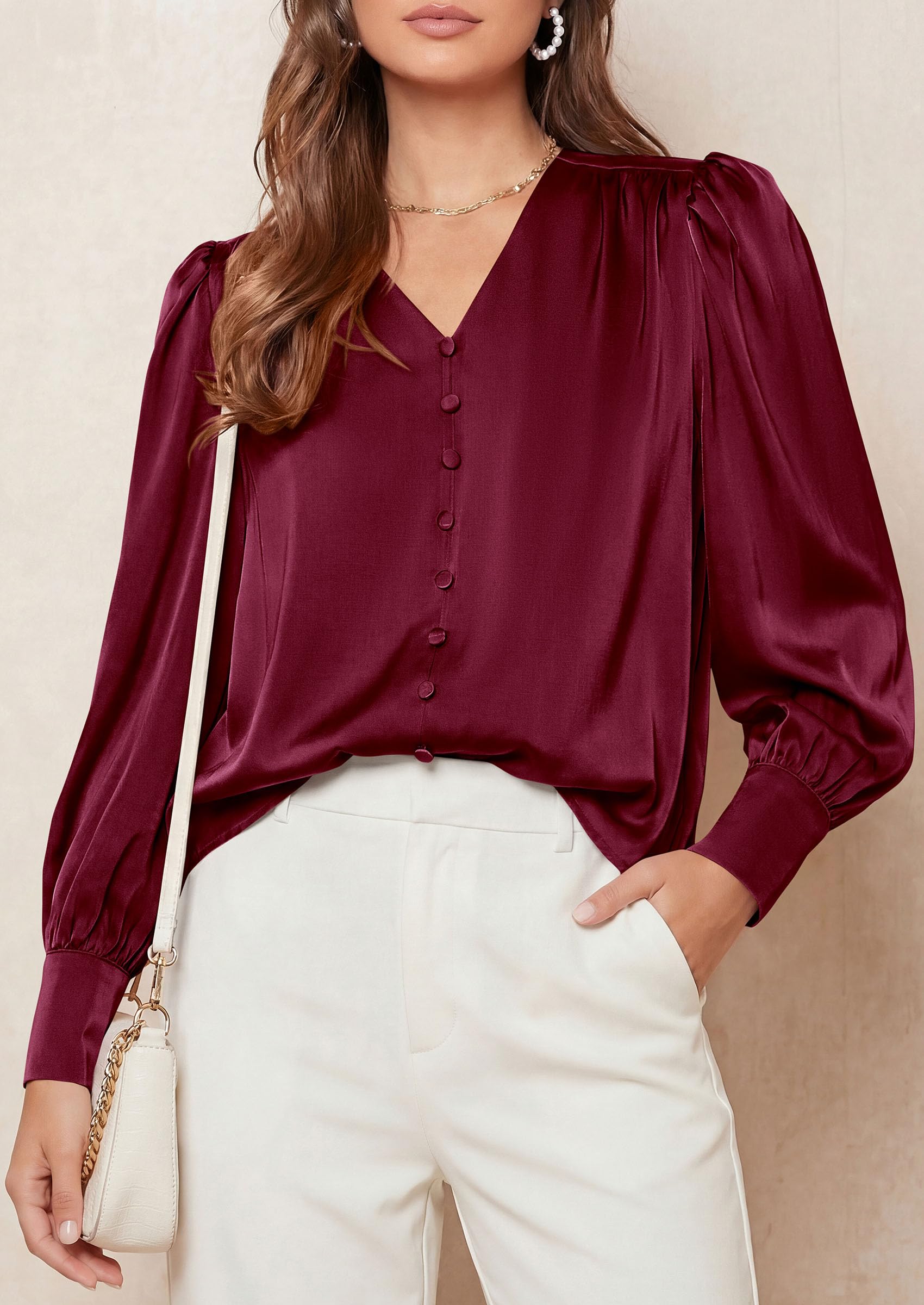 PRETTYGARDEN Satin Long Sleeve Womens Blouses Dressy Casual | Glossy Smooth Silk Fabric,Lantern Sleeve Fall Tops,Decorative Button Pullover,V Neck Shirts,Office Work Business Outfits