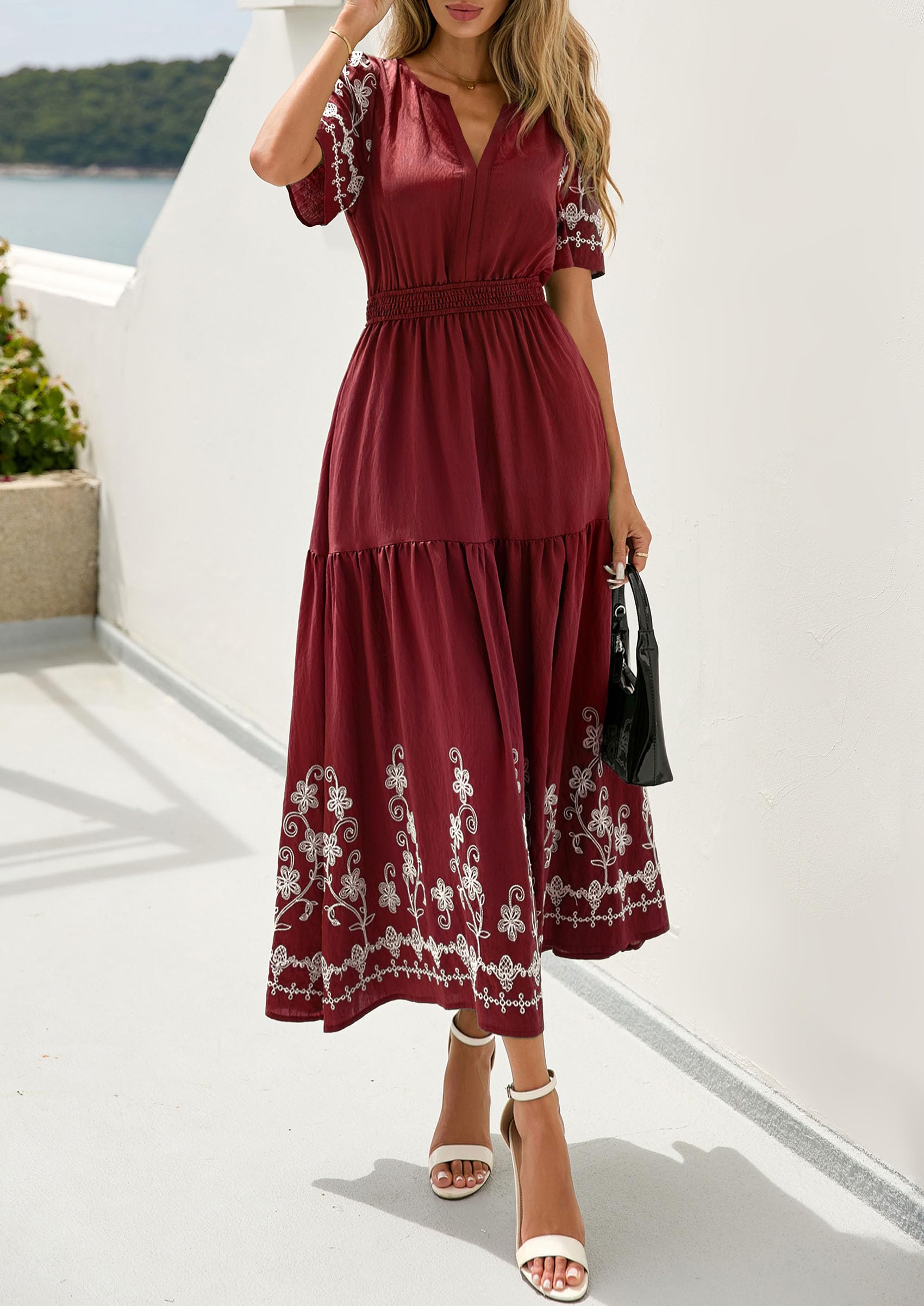 PRETTYGARDEN Women's Summer Boho Maxi Dress Spring Floral Short Sleeve V Neck A Line Flowy Beach Wedding Guest Dresses