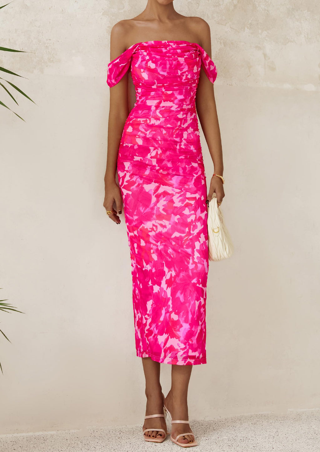 PRETTYGARDEN Cocktail Dresses for Women Summer Floral Off Shoulder Ruched Mesh Elegant Wedding Guest Maxi Dress