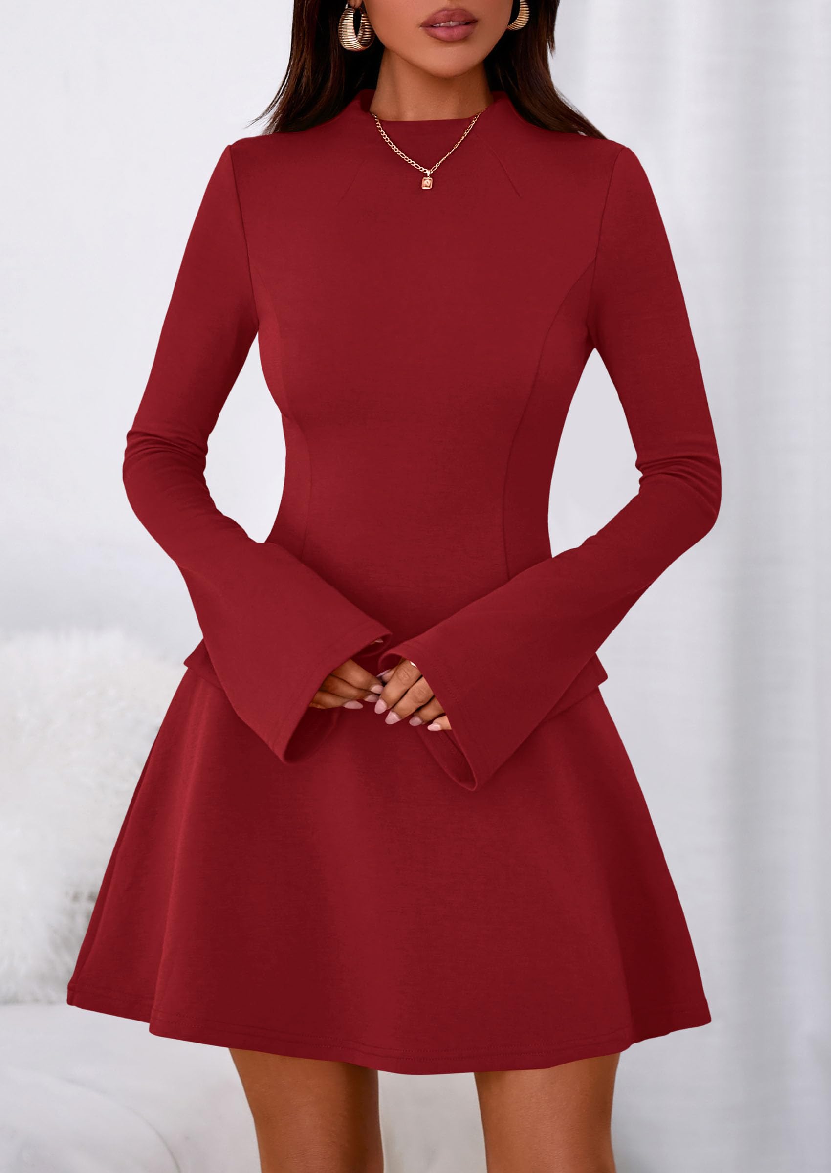 PRETTYGARDEN Women's Elegant Holiday Short Dress  Fall Bell Long Sleeve Mock Neck Work Business Casual Party Mini Dress
