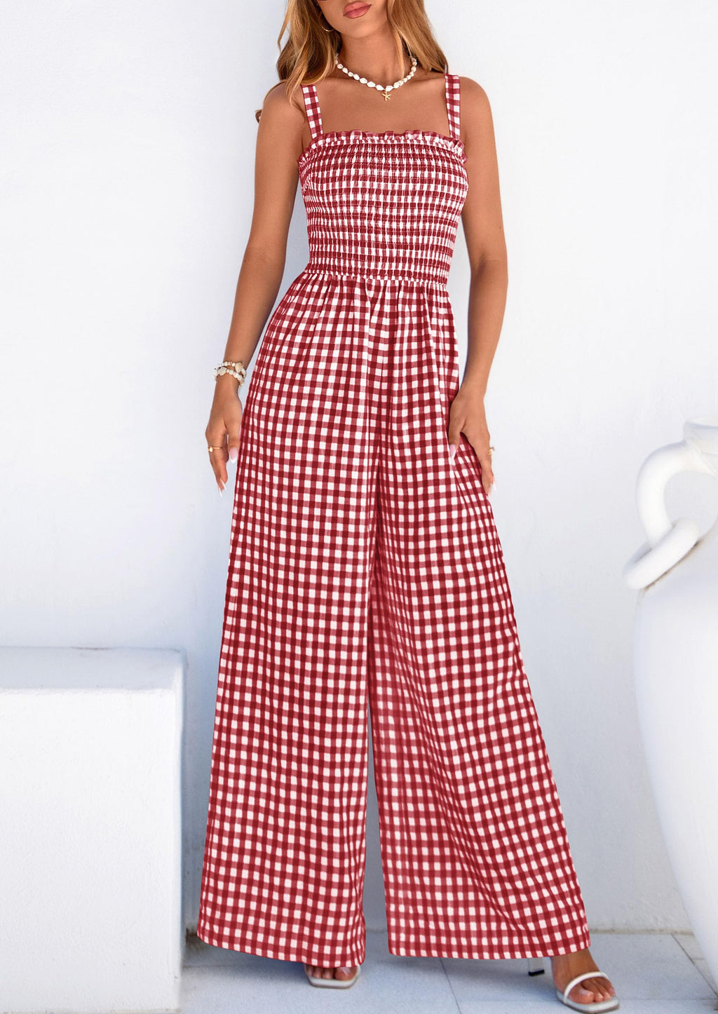 PRETTYGARDEN One Piece Jumpsuits for Women Casual Summer Cruise Outfits  Spring Fashion Smocked Wide Leg Gingham Rompers