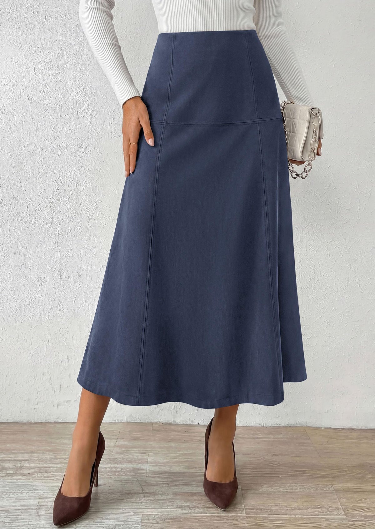 PRETTYGARDEN Womens High Waist Faux Suede A Line Midi Skirt | Hidden Stretch Elastic Waist, Front Back Panel Stitching, Vintage Elegant Mid-Calf Long Skirts for Fall Winter Office Daily