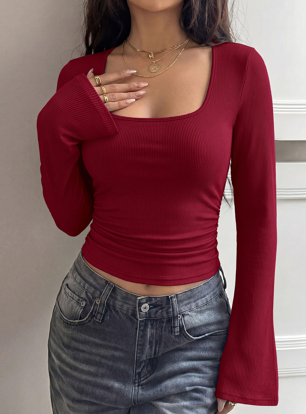 PRETTYGARDEN Womens Bell Long Sleeve Shirts Going Out Tops | Soft Stretchy Ribbed Knit, Square Neck, Slim Fit Y2K Clothes, Trendy Side Ruched, Layering Tee for Casual Fall & Winter Wear