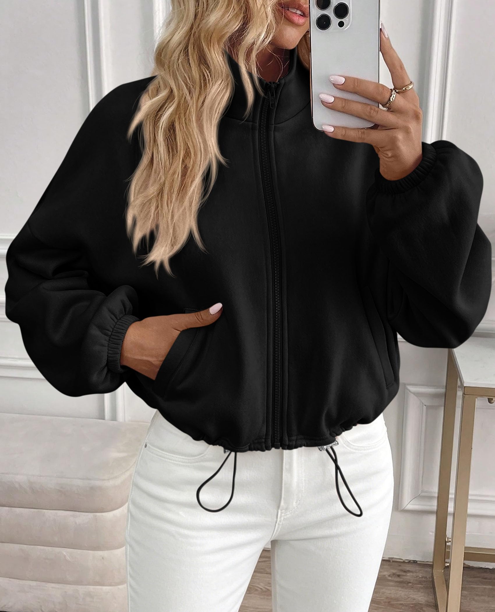 PRETTYGARDEN Womens Zip Up Fleece Cropped Sweatshirt Jacket