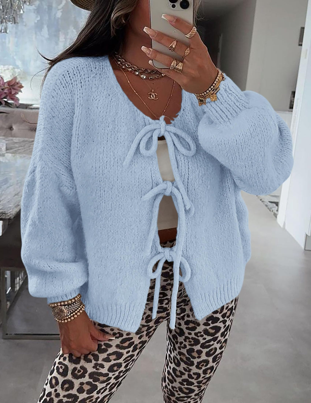 PRETTYGARDEN Women's Tie Front Bow Cardigan Sweaters Chunky Knit Long Puff Sleeve Trendy Fall Winter Jacket Coat