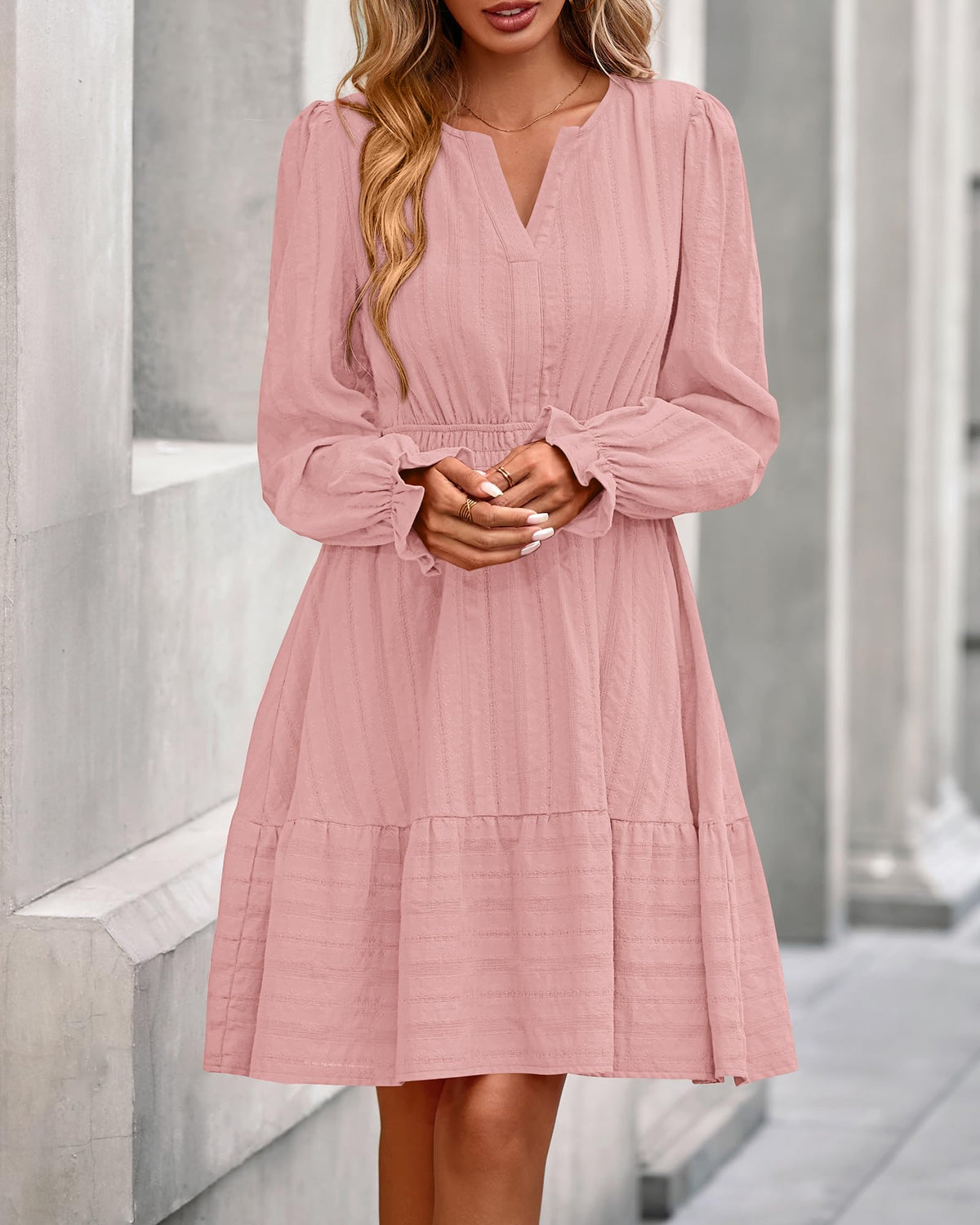 BTFBM Women Long Sleeve Flowy A Line Mini Fall Dress V Neck Puff Cuffs Elastic Waist Tiered Ruffle, Lightweight Small Hollow Out, Cute Casual Boho, Party Wedding Guest Dresses