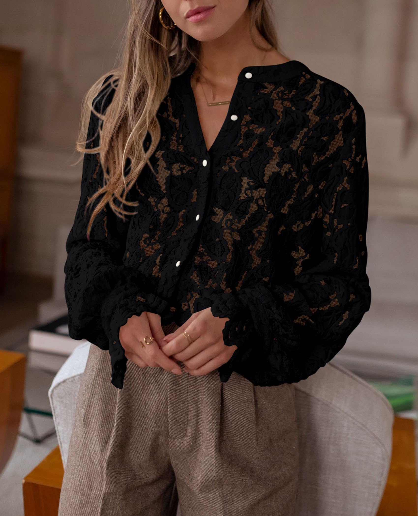 PRETTYGARDEN Women's Dressy Casual Lace Blouse Long Sleeve Button Up Shirts Tops Spring Fall Fashion Clothes