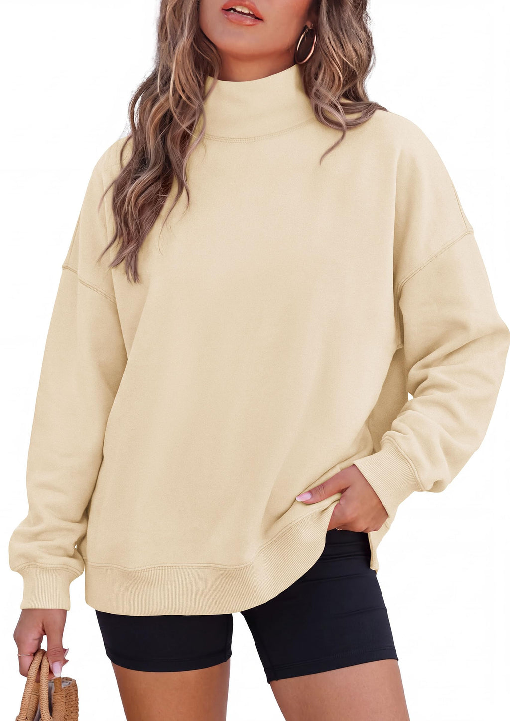 PRETTYGARDEN Womens Mock Neck Sweatshirt Oversized Pullover Loose Fit,Side Pockets,Long Sleeve Drop Shoulder Tops,Casual Lounge Work Travel Airport Outfits,Fall Fashion Winter Clothes