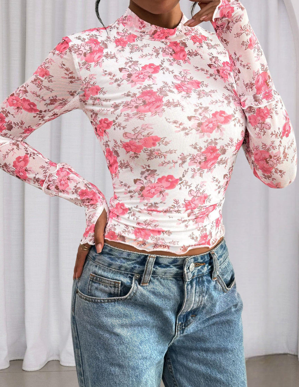 PRETTYGARDEN Womens Fall Mesh Floral Blouses Long Sleeve Going Out Tops Slim Fitted Shirts Date Night Outfits