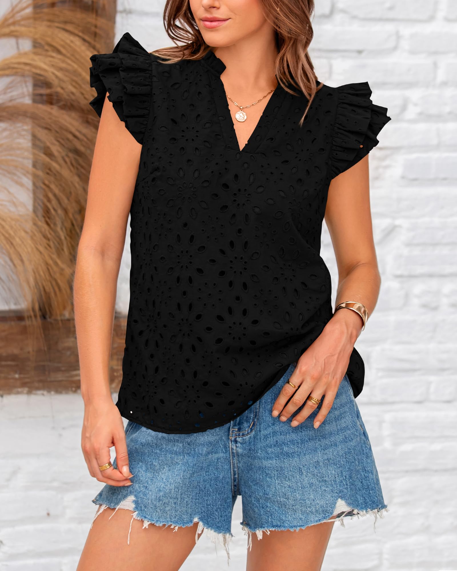 FreshPretty Women Summer Eyelet Tops Dressy Casual V Neck Ruffle Cap Sleeve Cotton Boho Shirts Lace Embroidered Blouses