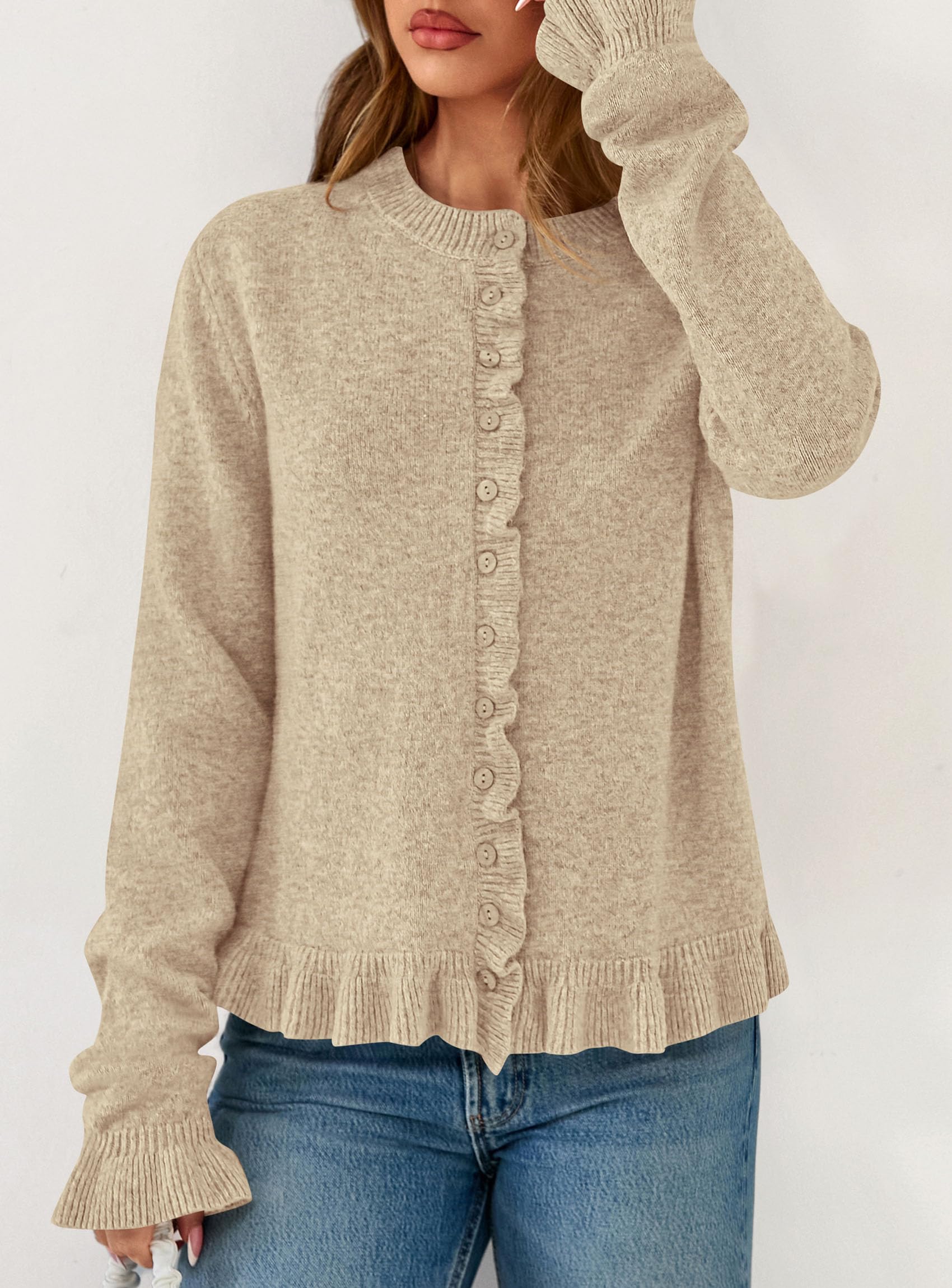 PRETTYGARDEN Womens Fall Button Down Cardigans Chunky Knit Ruffle Open Front Cropped Cardigan Sweaters Soft Long Sleeve Tops