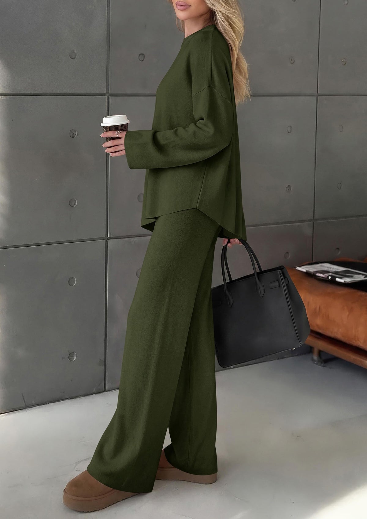 PRETTYGARDEN Womens Fall 2 Piece Asymmetric Cozy Sweater Travel Lounge Sets Crewneck Drop Shoulder Tops, Wide Leg Pants, Soft Casual Knit Matching Set,Vacation Airport Holiday Outfits