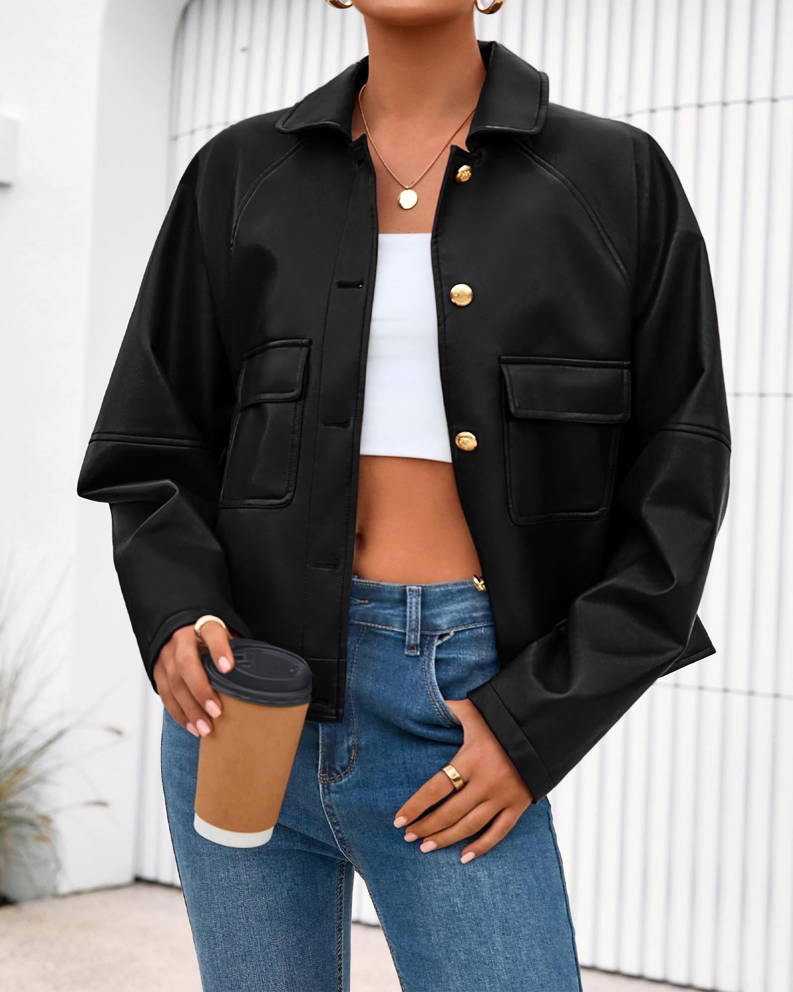 FreshPretty Leather Jacket Women Fall Clothes Long Sleeve Button Down Winter Coats Oversized Motorcycle Outwear