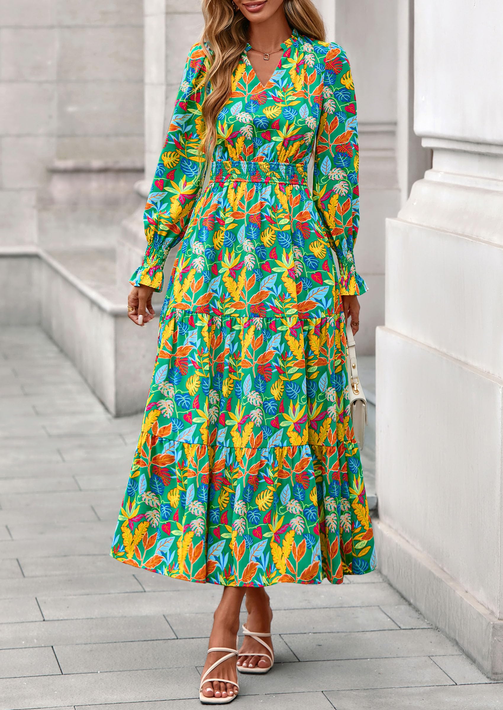 PRETTYGARDEN Women's Floral Maxi Dress Fall Long Sleeve V Neck Casual A Line Long Flowy Boho Party Dresses