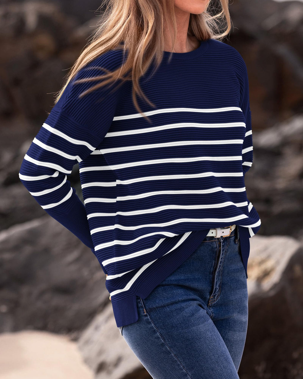 FreshPrettyFall Sweaters for Women Casual Long Sleeve Sweater Striped Loose Fit Pullover Tops