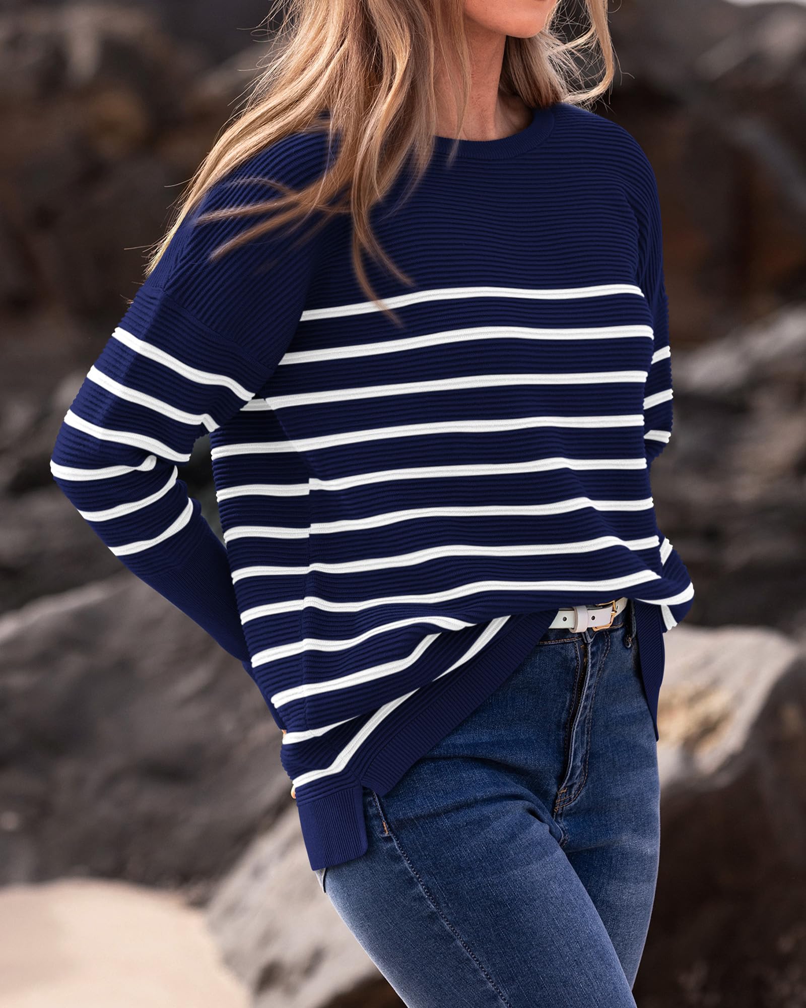 FreshPrettyFall Sweaters for Women Casual Long Sleeve Sweater Striped Loose Fit Pullover Tops