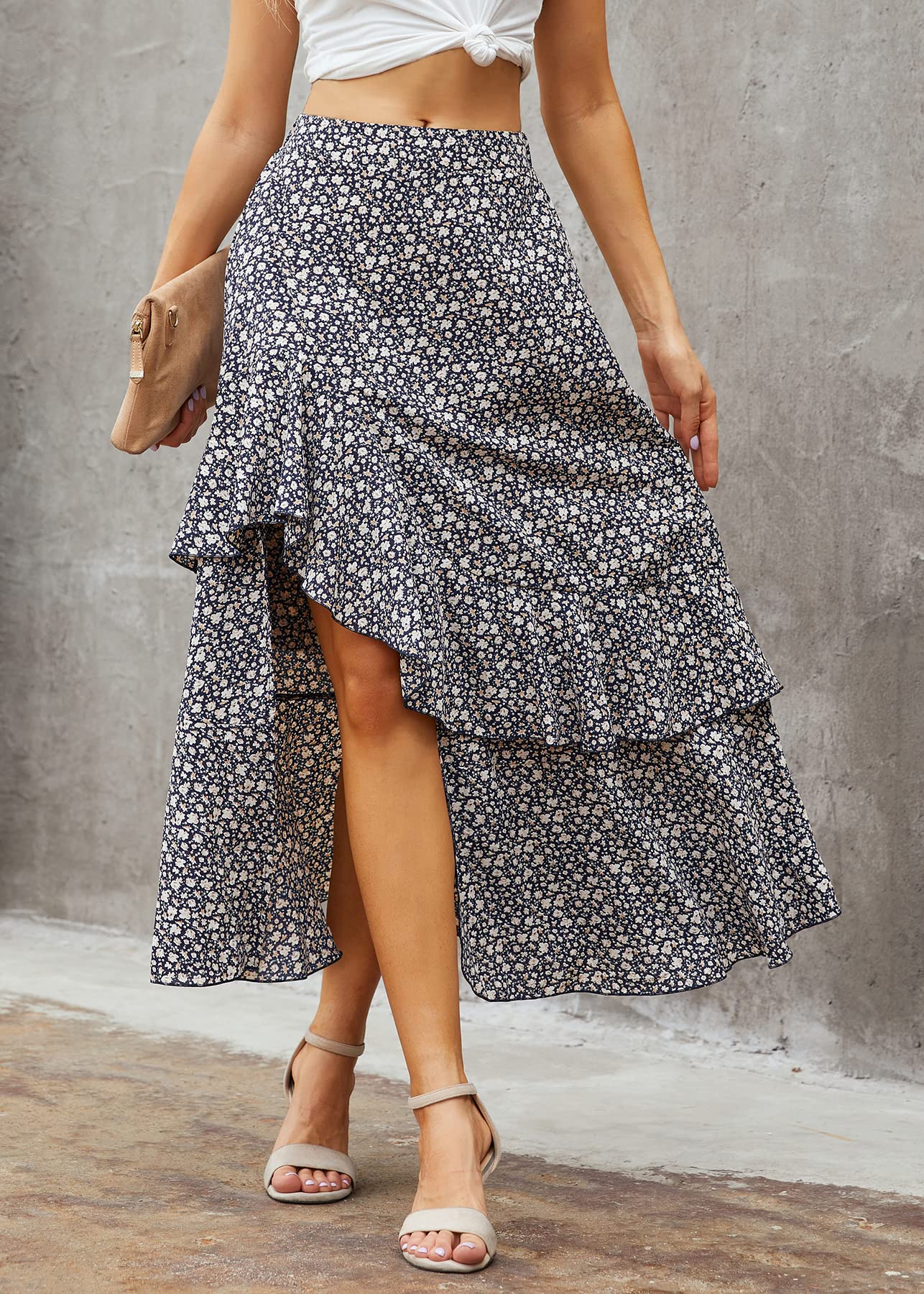 FreshPretty Women Summer Fall Boho Long Skirts Dress Floral Print Elastic Waist Split Ruffle High Low Beach Maxi Skirt