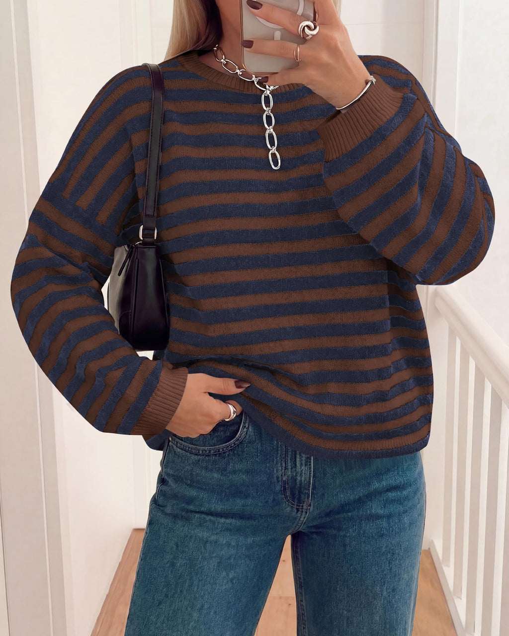 BTFBM Women's Lightweight Oversized Striped Sweater | Soft Knit Cozy Sweaters, Crew Neck Long Sleeve Pullover, y2k Color Block, Casual Holiday Outfits, Winter Fall Clothes