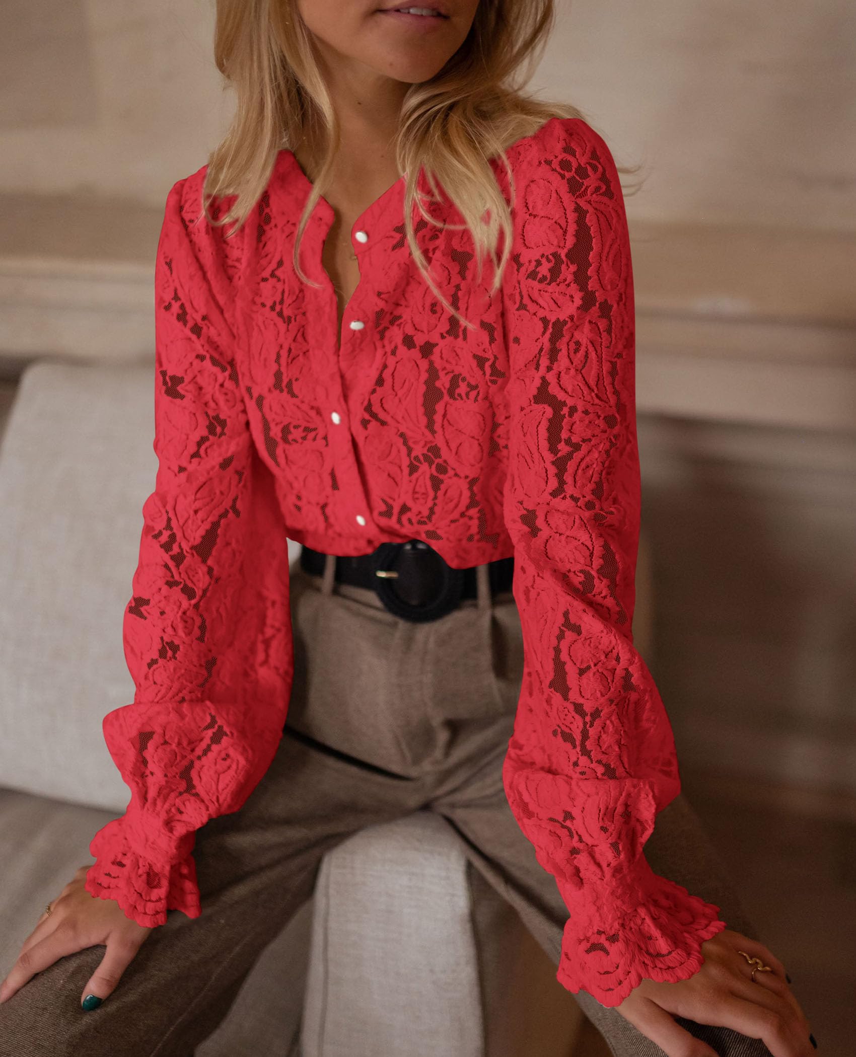 PRETTYGARDEN Women's Dressy Casual Lace Blouse Long Sleeve Button Up Shirts Tops Spring Fall Fashion Clothes