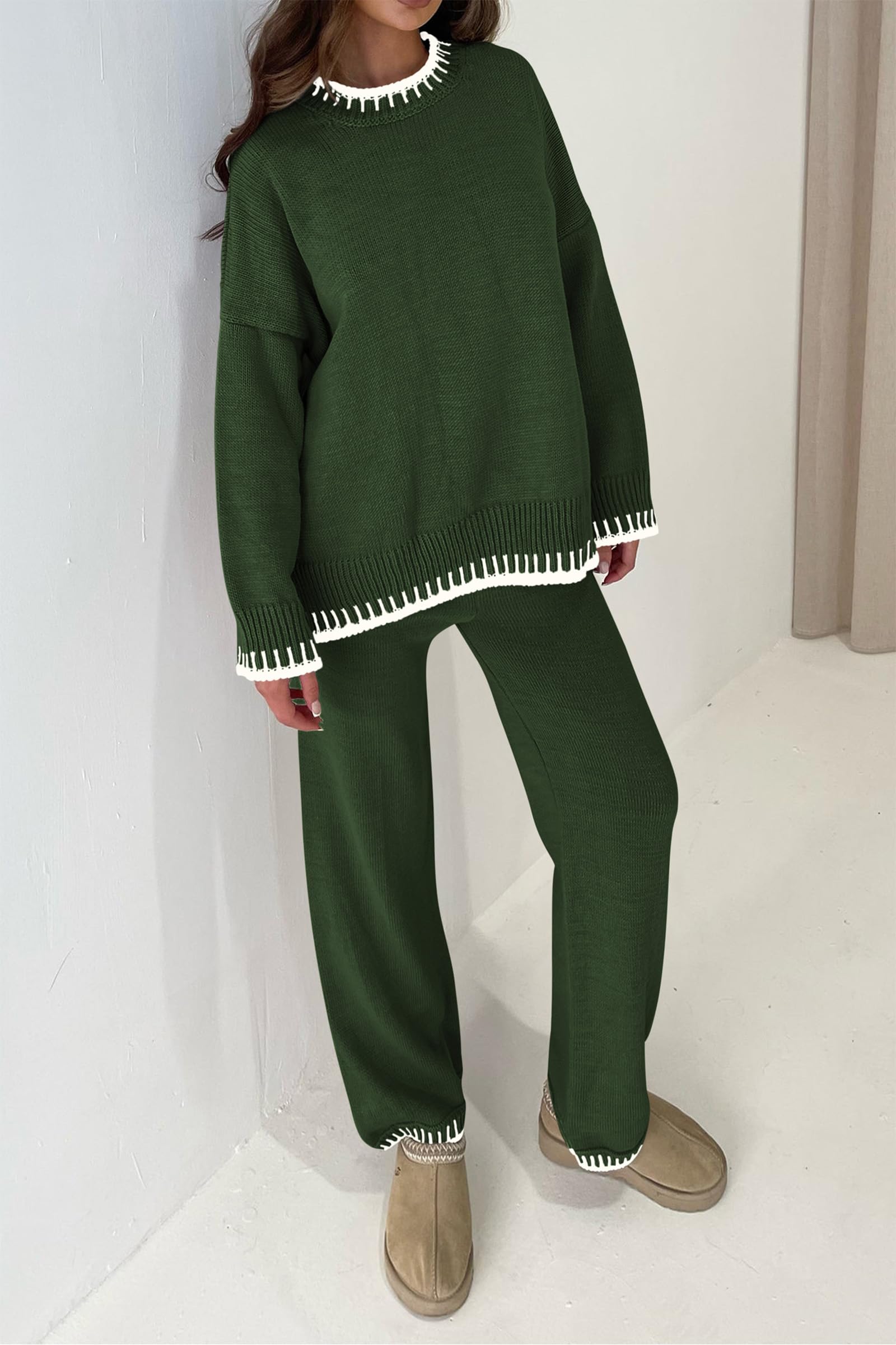 PRETTYGARDEN Women's 2 Piece Knit Sweater Outfit Casual Long Sleeve Pullover Wide Leg Pants Tracksuit Loungewear Set