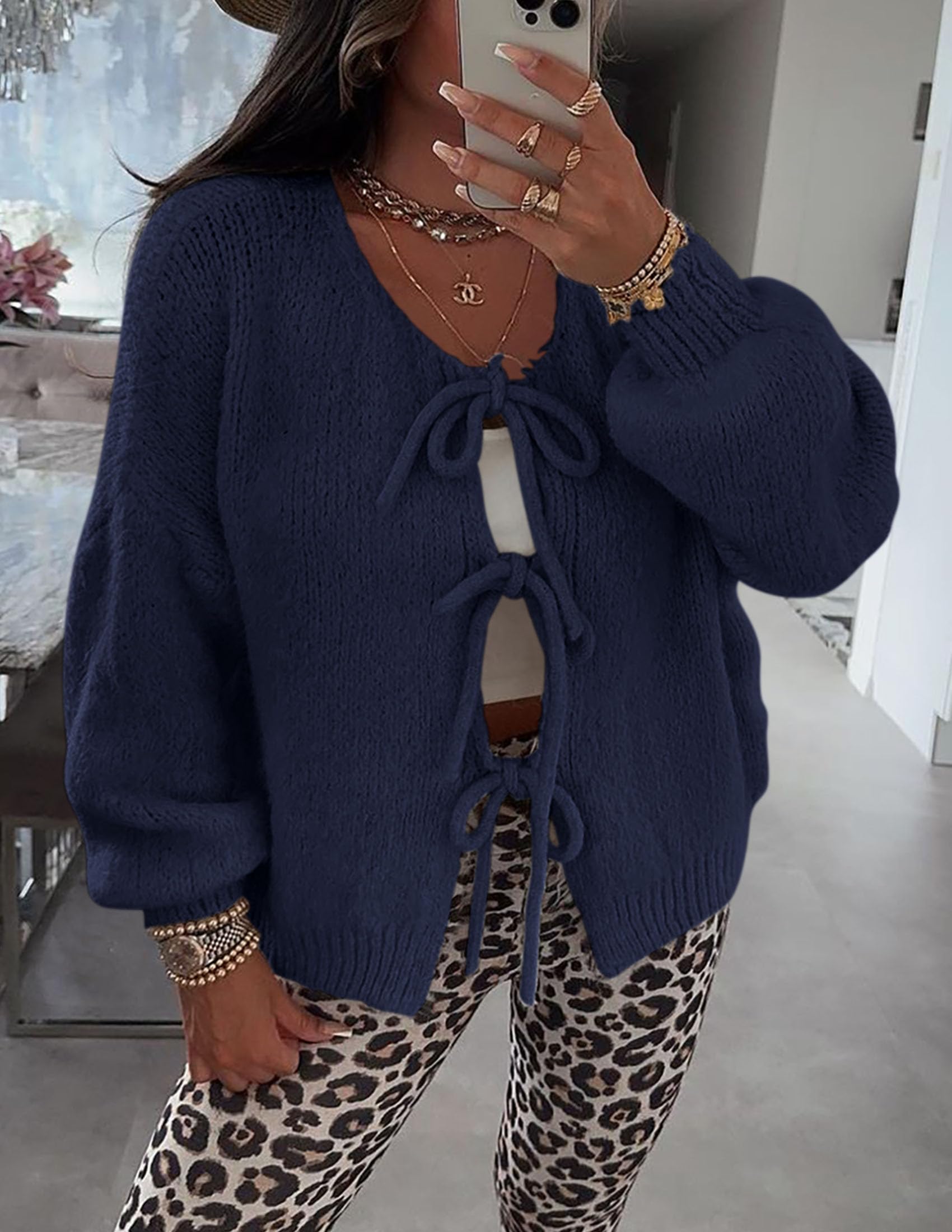 PRETTYGARDEN Women's Tie Front Bow Cardigan Sweaters Chunky Knit Long Puff Sleeve Trendy Fall Winter Jacket Coat