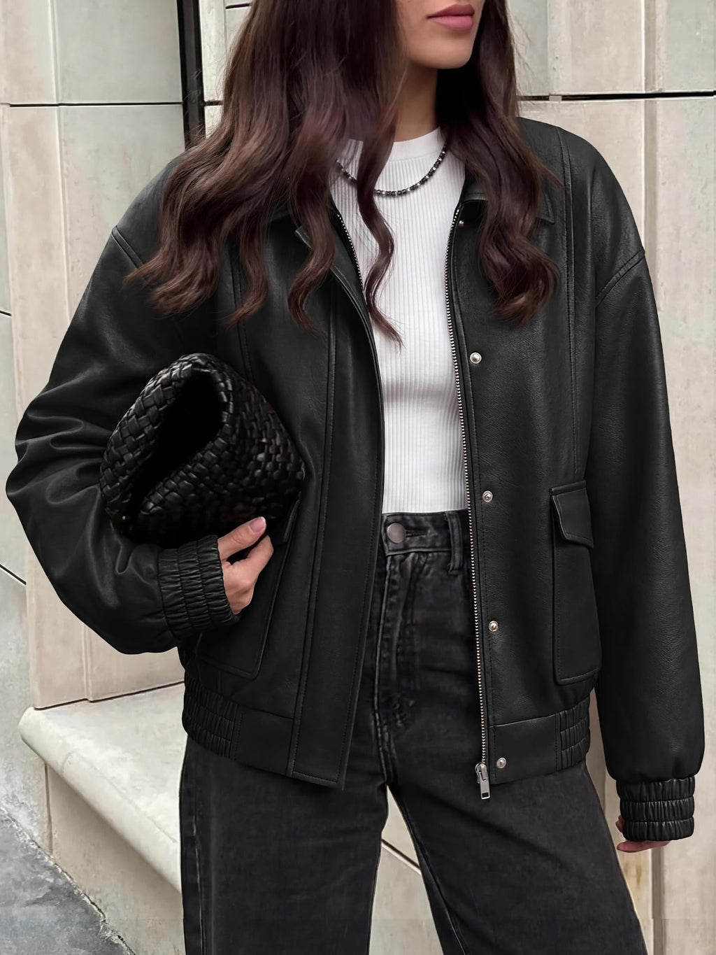 BTFBM Faux Leather Jacket Women Fall Clothes Long Sleeve, Bomber Jackets, Snaps, Pockets, Oversized, Zip Up Motorcycle Outerwear, Airport, Going Out Outfits, Winter Coat