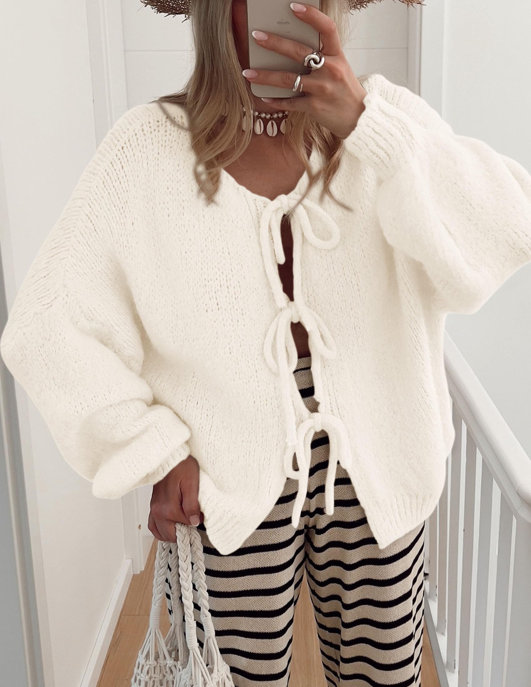 PRETTYGARDEN Women's Tie Front Bow Cardigan Sweaters Chunky Knit Long Puff Sleeve Trendy Fall Winter Jacket Coat