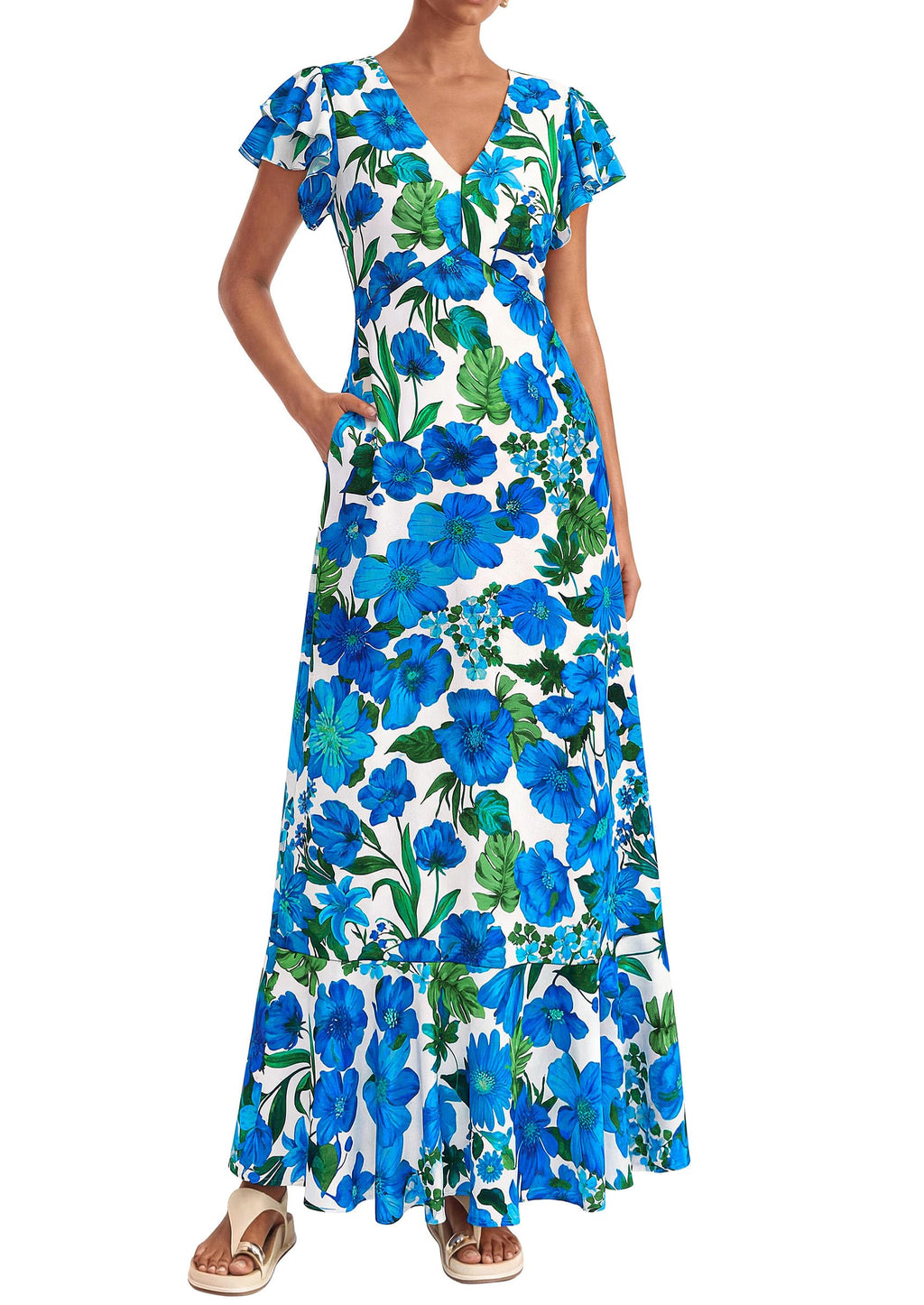 PRETTYGARDEN Womens Summer Floral Maxi Dresses Spring Short Sleeve Ruffle V Neck Flowy Boho Long Beach Vacation Sundress