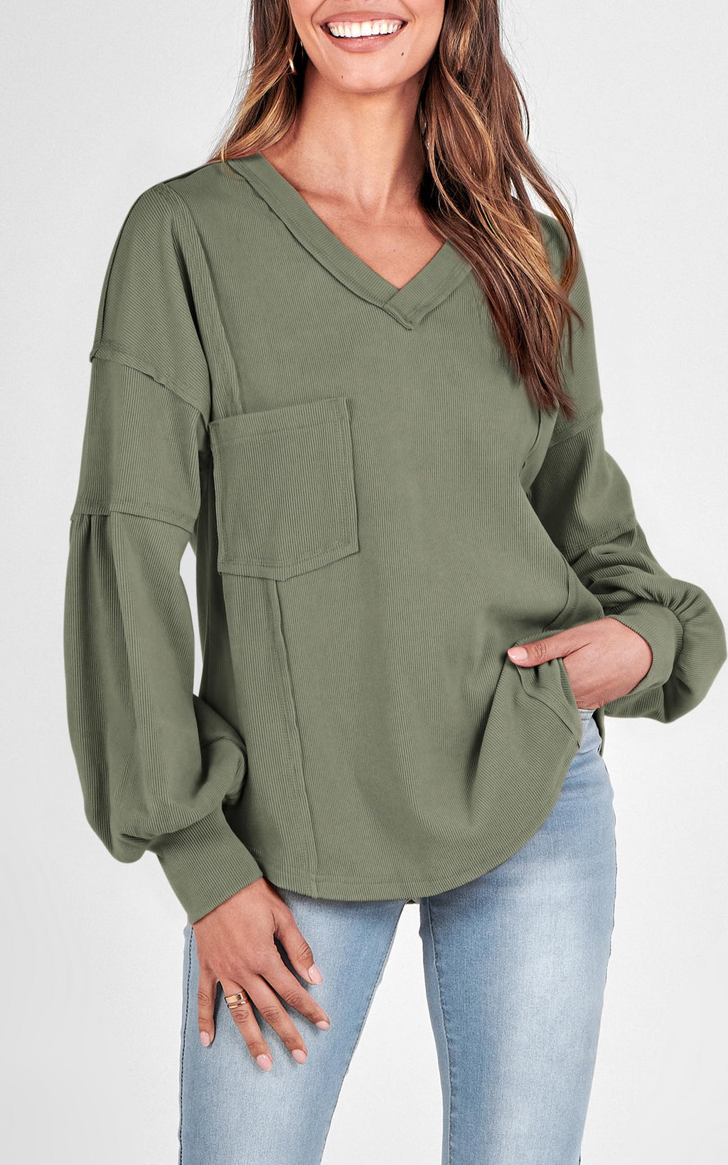 FreshPretty Womens Fall Fashion Long Sleeve Shirts Casual V Neck Ribbed Knit Blouses Pullover Trendy Loose Fit Tunic Tops