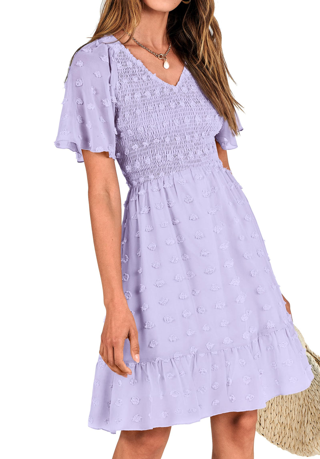 FreshPretty Womens Beach Vacation Dress Summer V Neck Short Sleeve Smocked Swiss Dot Cute Ruffle Casual Fall Mini Dresses