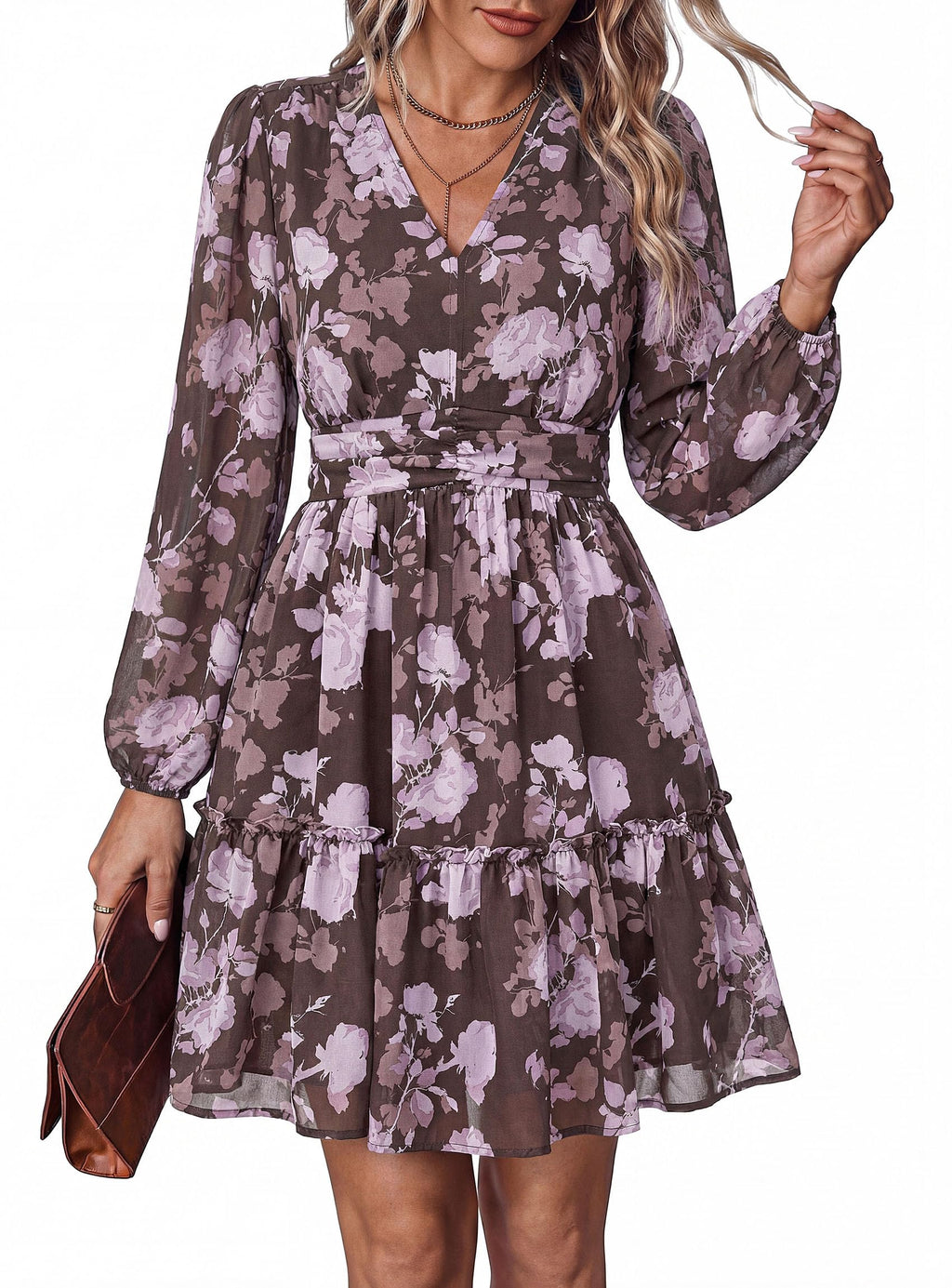 PRETTYGARDEN Women Floral Long Sleeve Mini Dress | Fall Wedding Guest Dresses, V Neck, Fit & Flare, Ruffle Hem A-Line, Short Chiffon Dress, Elegant Holiday Party, Date Outfits