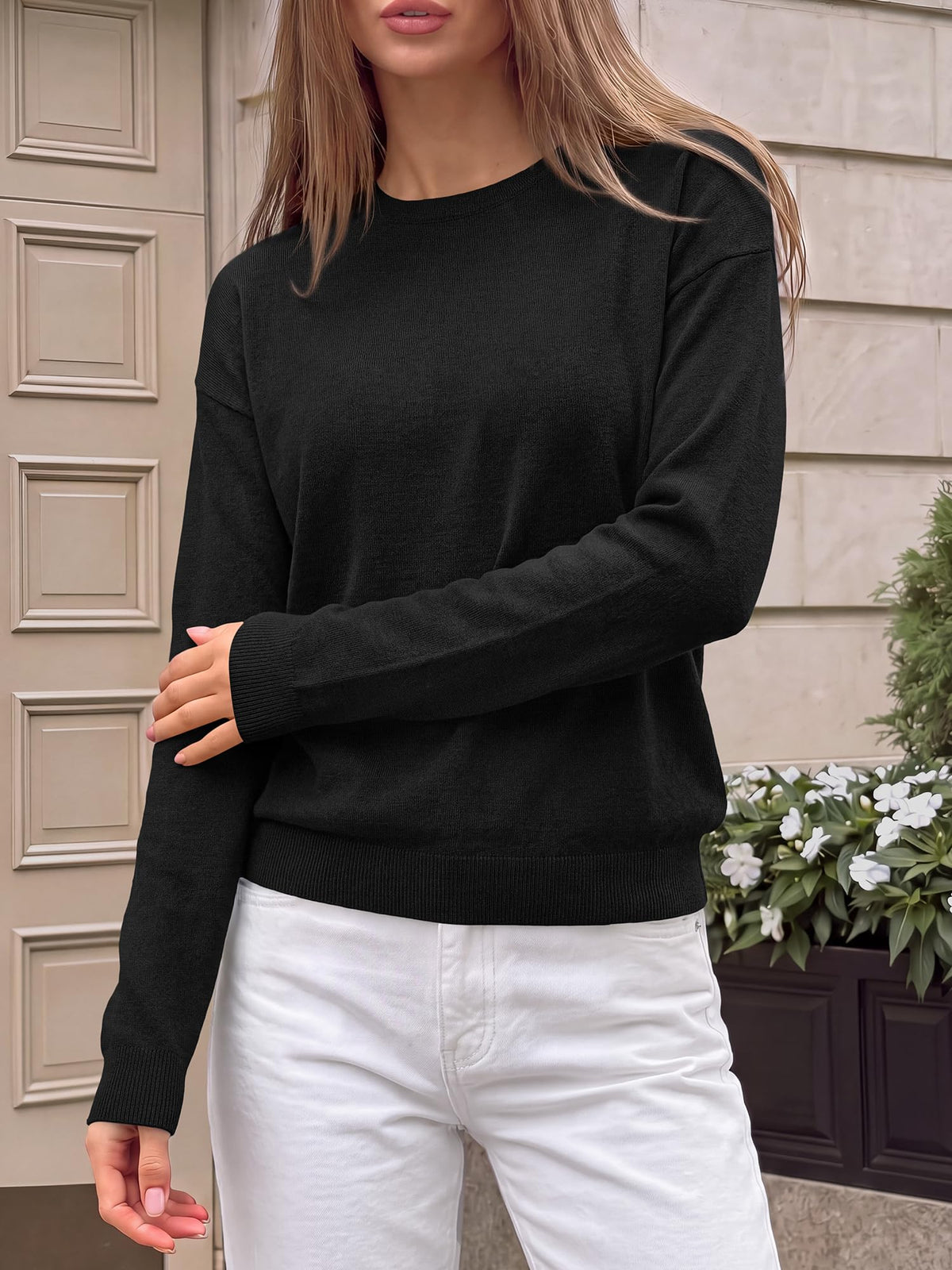 FreshPretty Sweaters for Women Fall Lightweight Loose Long Sleeve Tops,Soft Ribbed Knit Pullover Basic Sweater,Drop Shoulder Crewneck Business Casual Work Top,Daily Travel Outfits Winter Layering