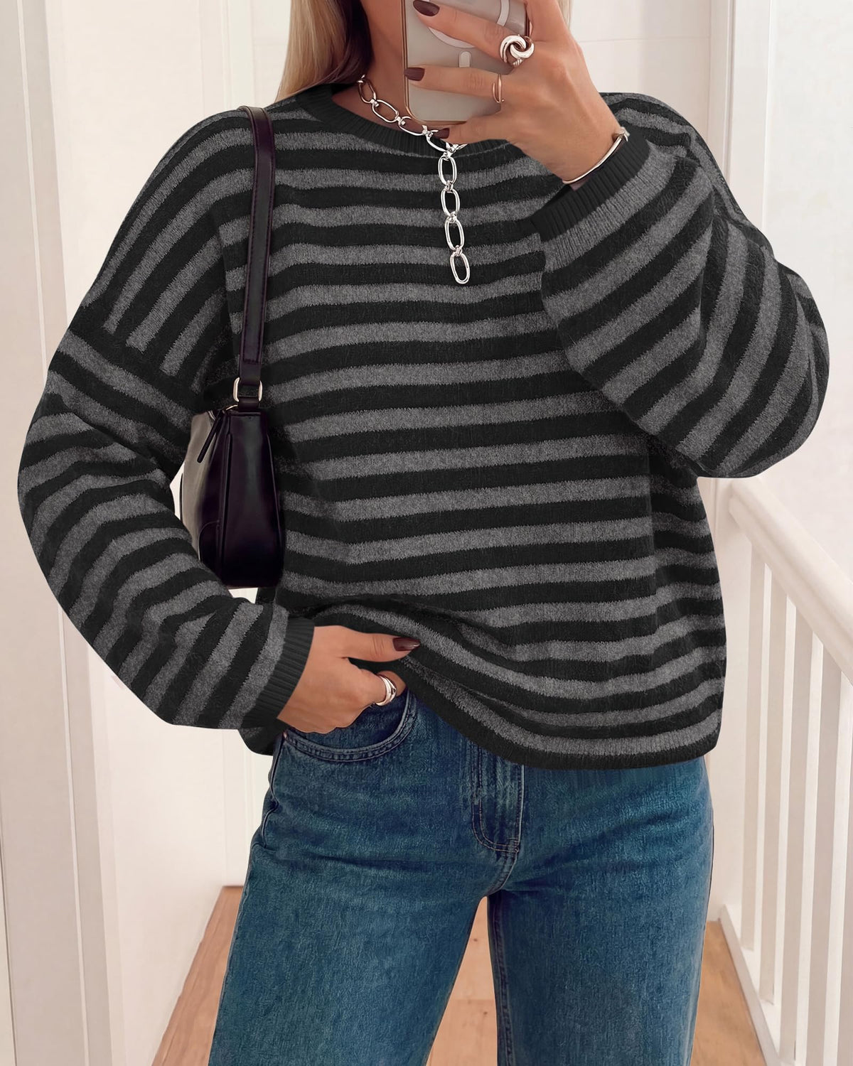 BTFBM Women's Lightweight Oversized Striped Sweater | Soft Knit Cozy Sweaters, Crew Neck Long Sleeve Pullover, y2k Color Block, Casual Holiday Outfits, Winter Fall Clothes