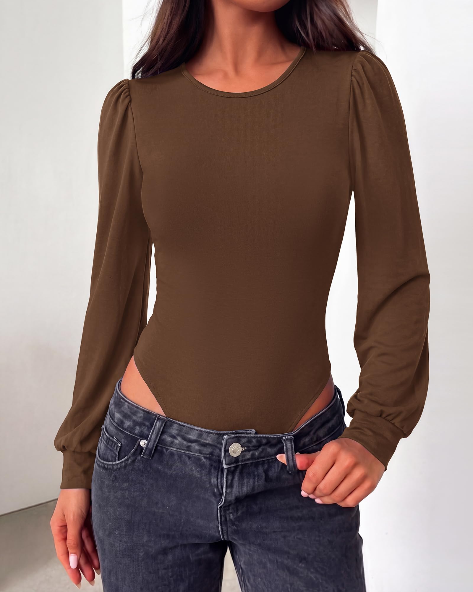 BTFBM Long Puff Sleeve Bodysuits for Women | Crew Neck 2 Snap Crotch Thong Shapewear,Stretchy Knit Leotards,Casual Y2K Going Out Tops,Winter Layer,Fall Fashion Clothing